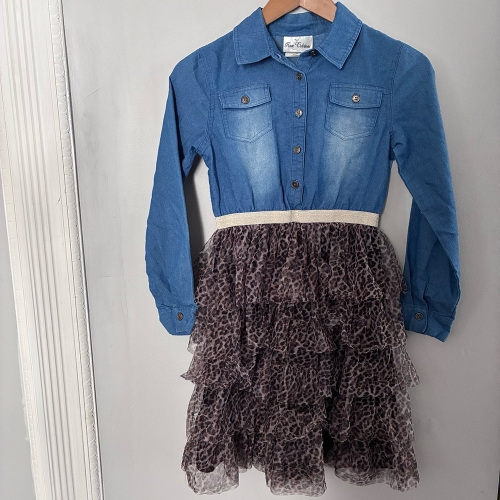 Rare Editions Blue Denim and Leopard Print Dress Sz 14